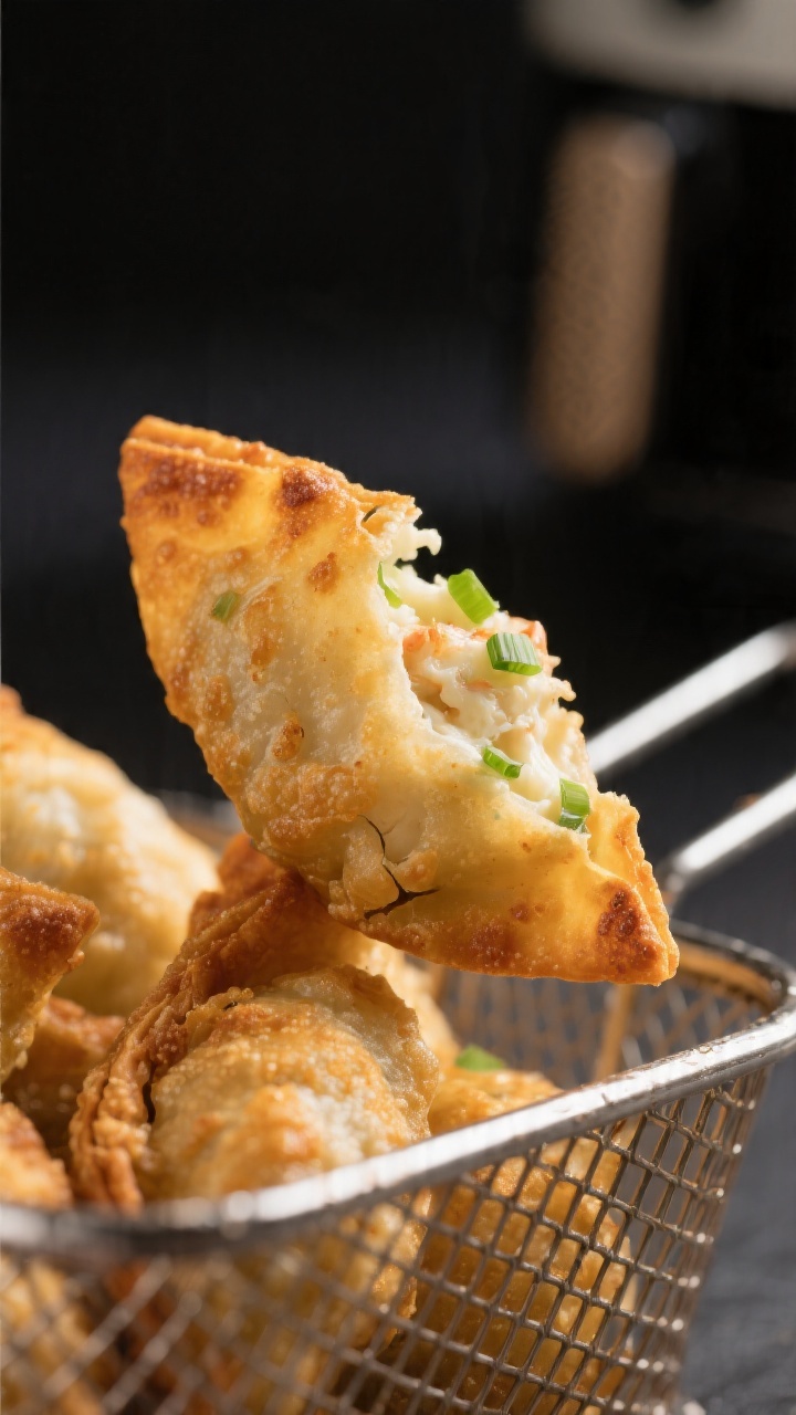 Close-up detail shot of freshly air-fried crab rangoon just out of the basket: golden-brown, blister