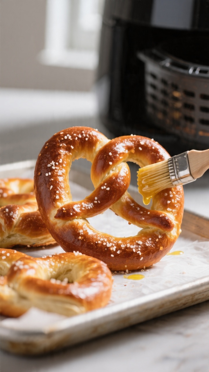 Close-up detail shot of freshly air-fried soft pretzels just out of the basket: deep golden-brown cr