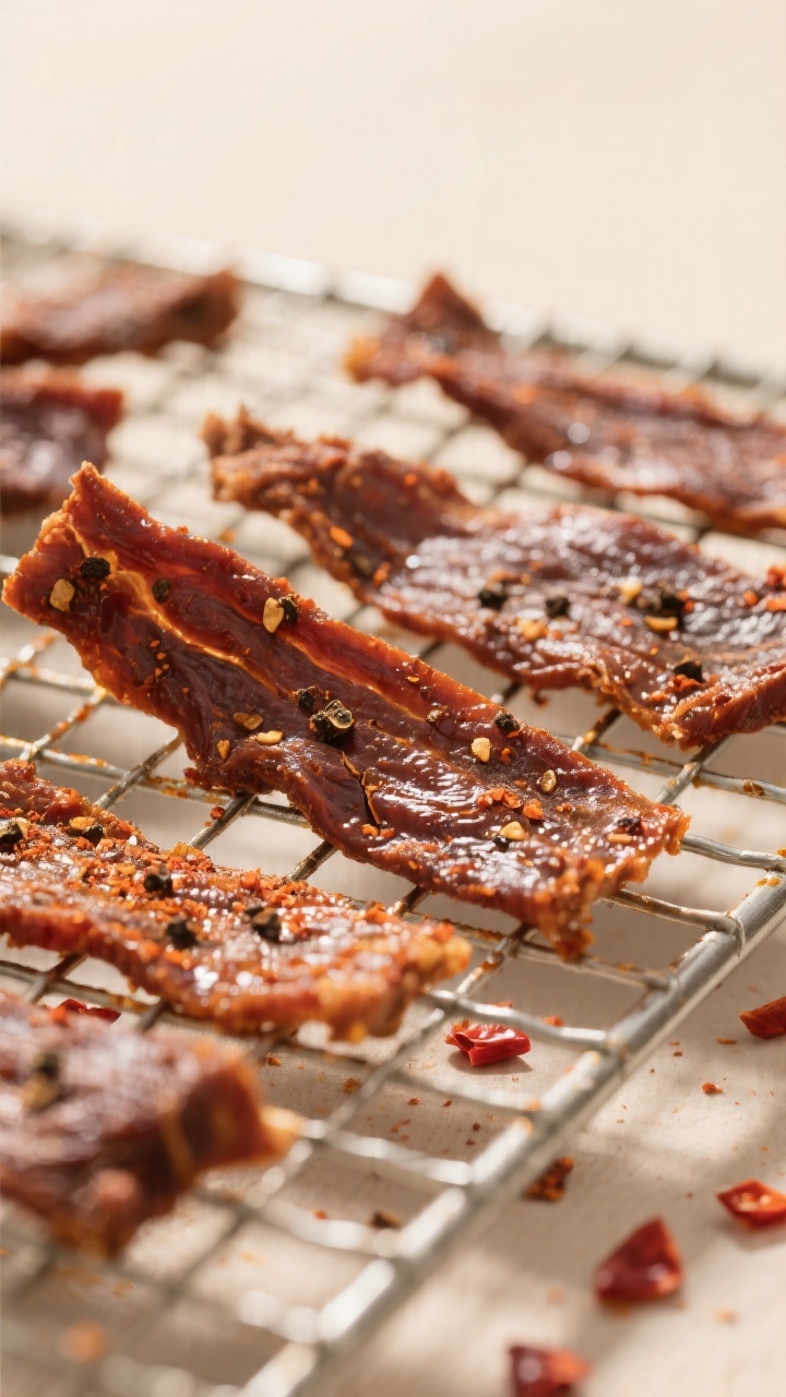 Close-up detail shot of glossy, finished lamb jerky strips cooling on a wire rack after air frying,