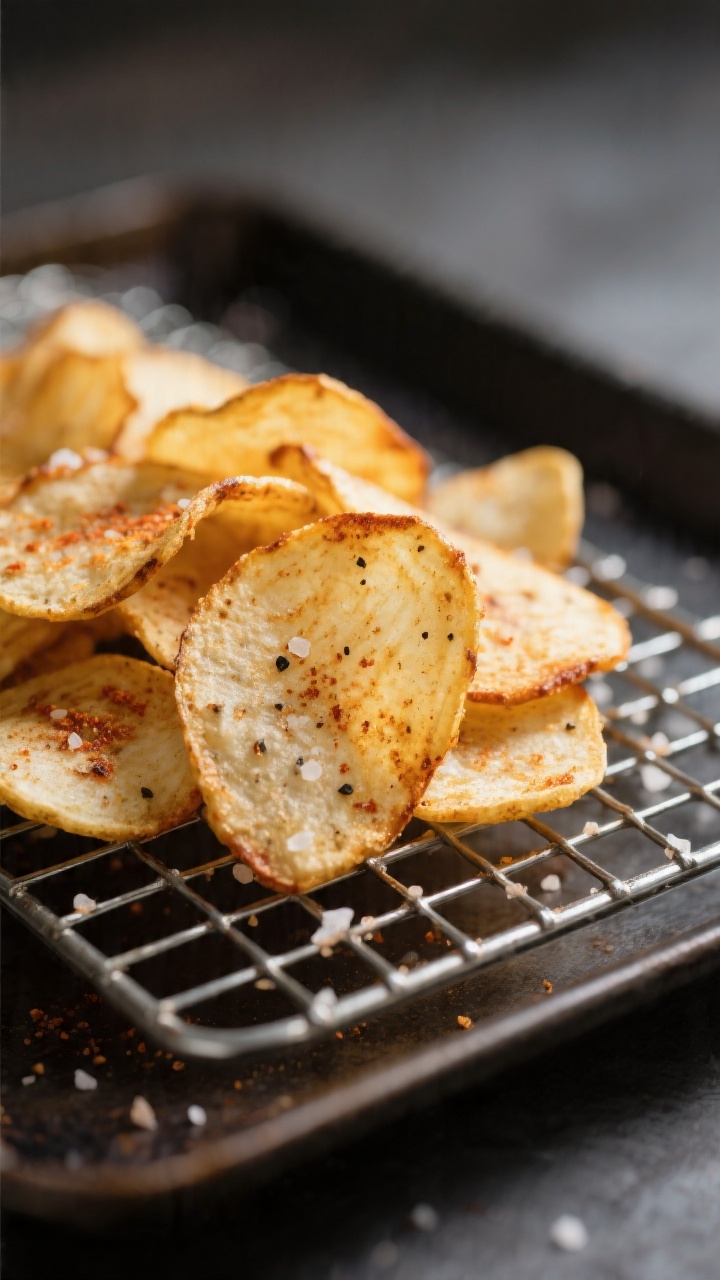 Close-up detail: Ultra-crisp air-fried turnip chips just out of the basket, edges golden with slight