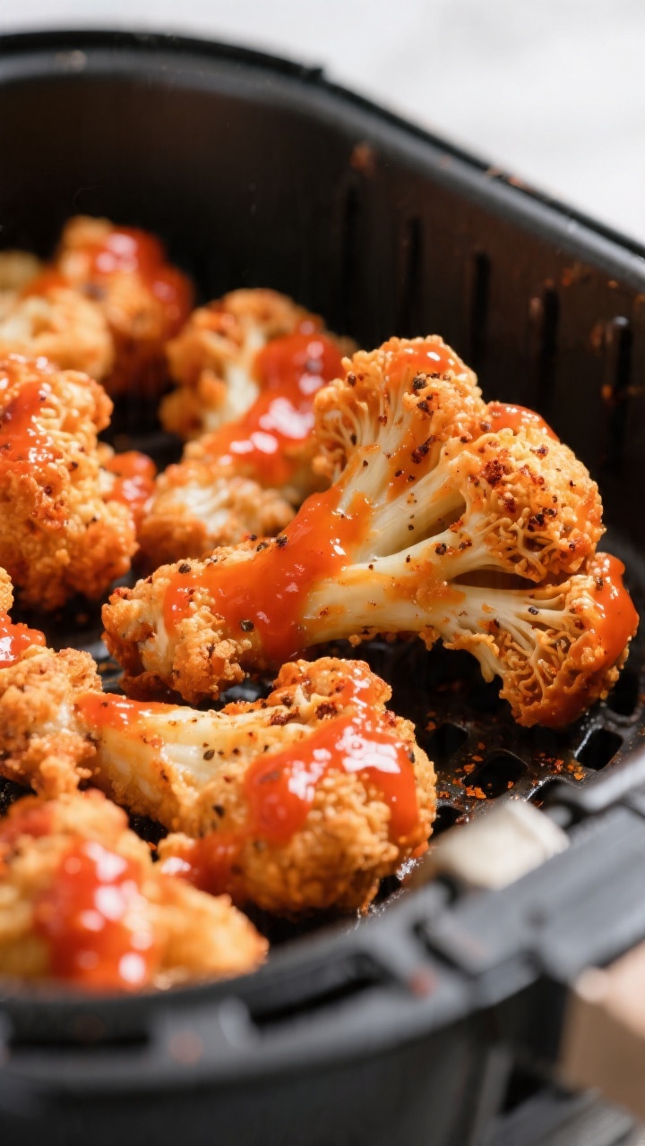 Close-up detail: Ultra-crispy air fryer buffalo cauliflower wings just after the optional “crisp a
