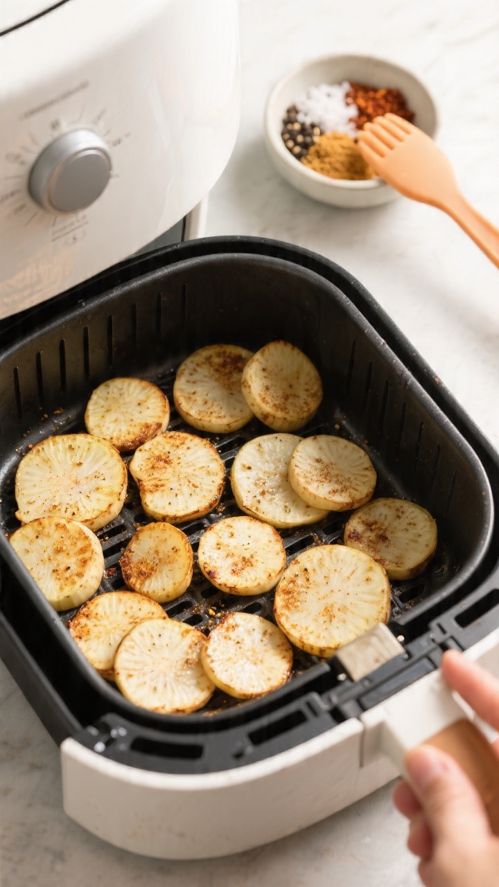 Cooking process: Air fryer basket arranged in a single, uncrowded layer of seasoned turnip slices mi