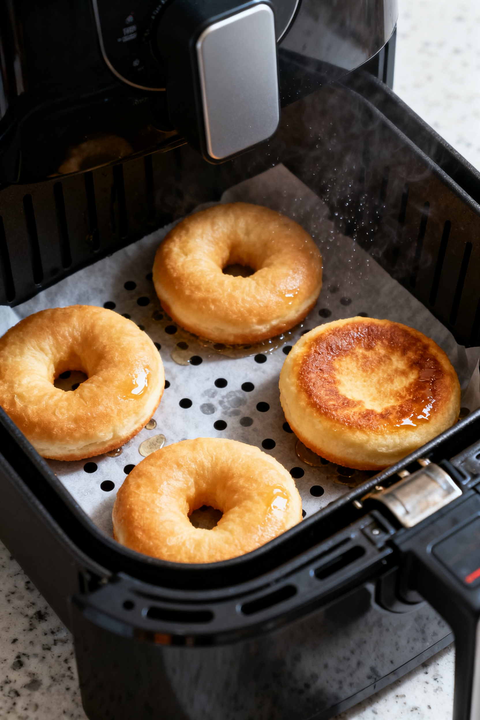 Cooking process: Air fryer basket open with evenly spaced risen donuts mid-cook at 350°F, lightly g