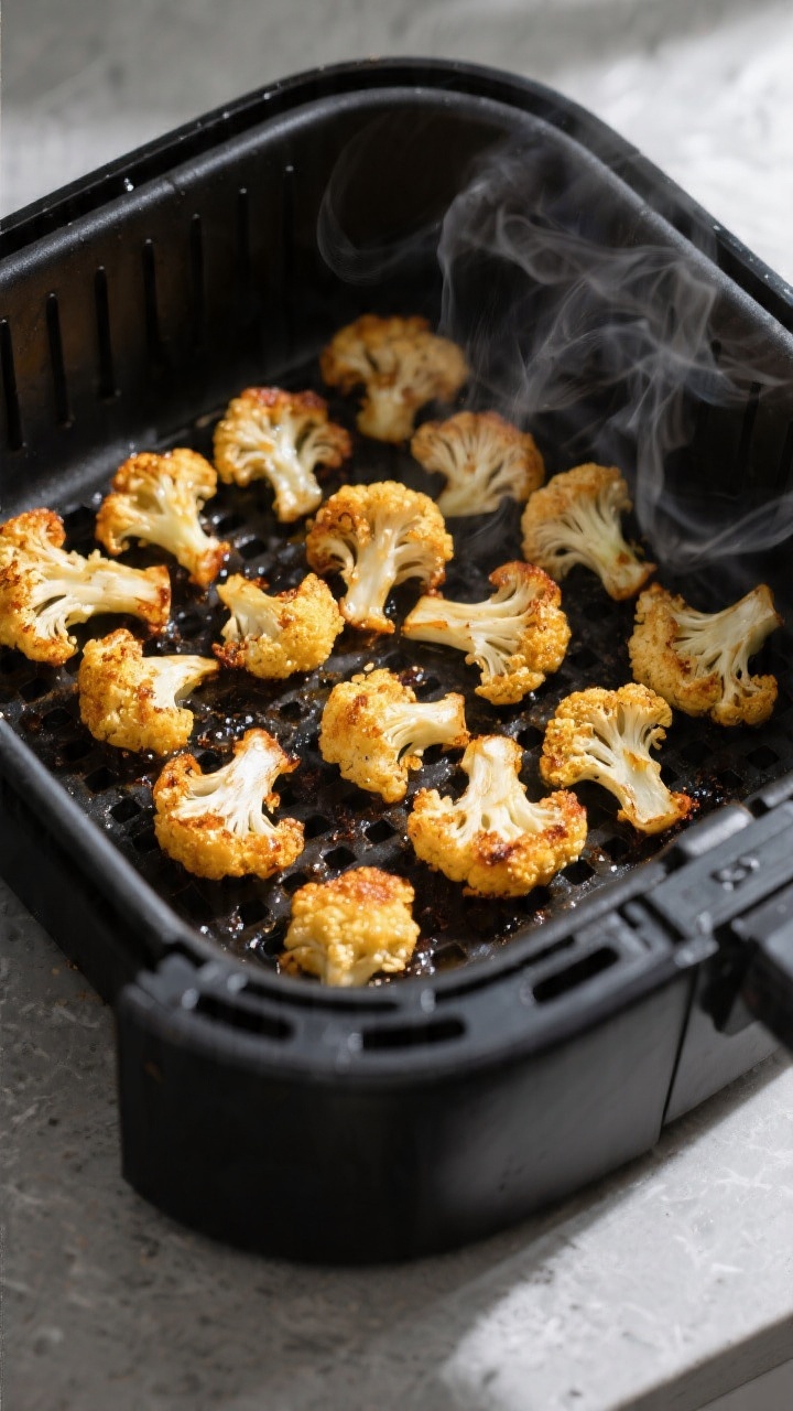 Cooking process: Air fryer basket shot mid-cook at 390°F, overhead angle showing a single layer of