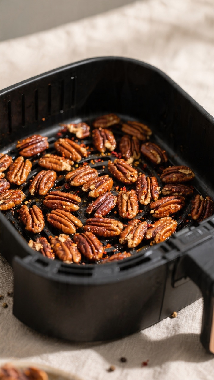 Cooking process close-up: Air fryer basket at 300°F with a single, even layer of glossy seasoned pe