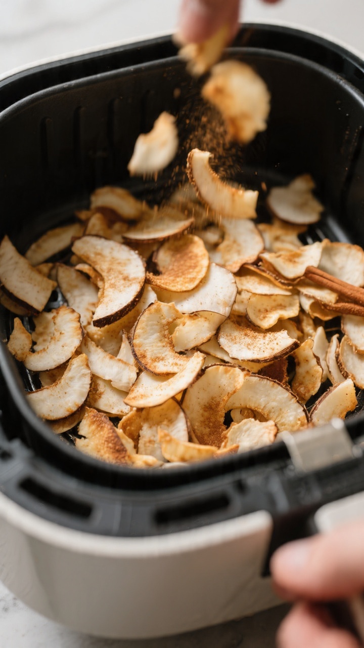 Cooking process, close-up detail: Air fryer basket at 300°F filled with a loose, even layer of wide