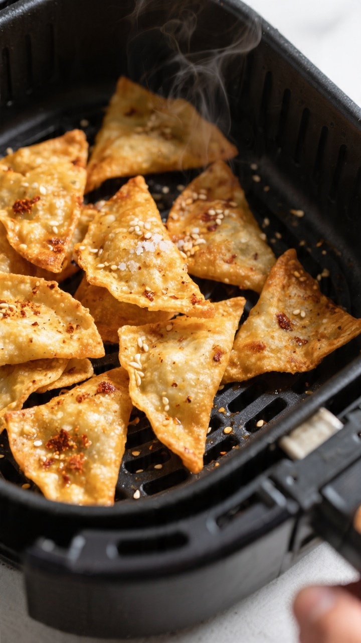 Cooking process, close-up detail: Air fryer basket with a single, uncrowded layer of golden-brown wo