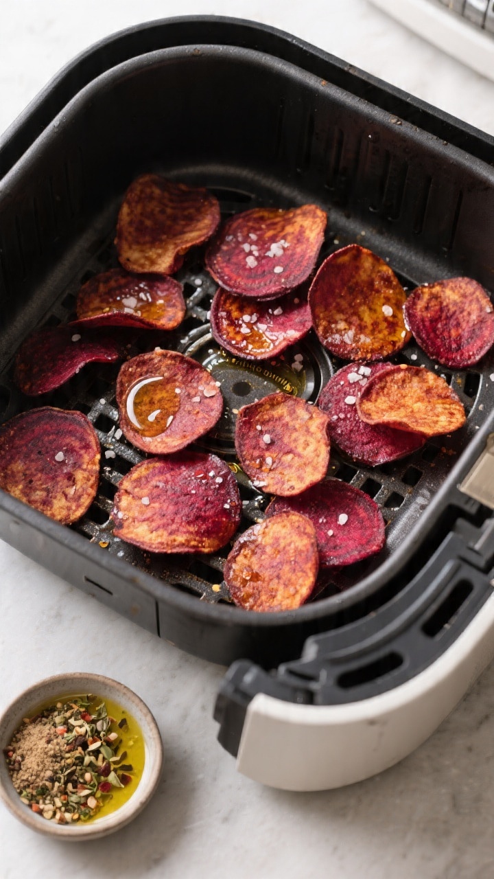 Cooking process image: beet chips in a single layer inside an air fryer basket at 300°F, showing no