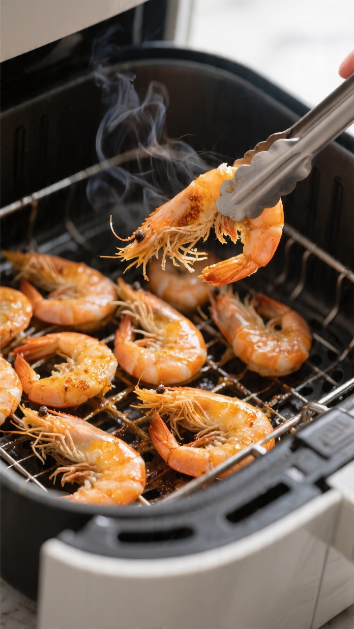 Cooking process: Mid-cook action in the air fryer at 375°F—shrimp arranged in a single, uncrowded