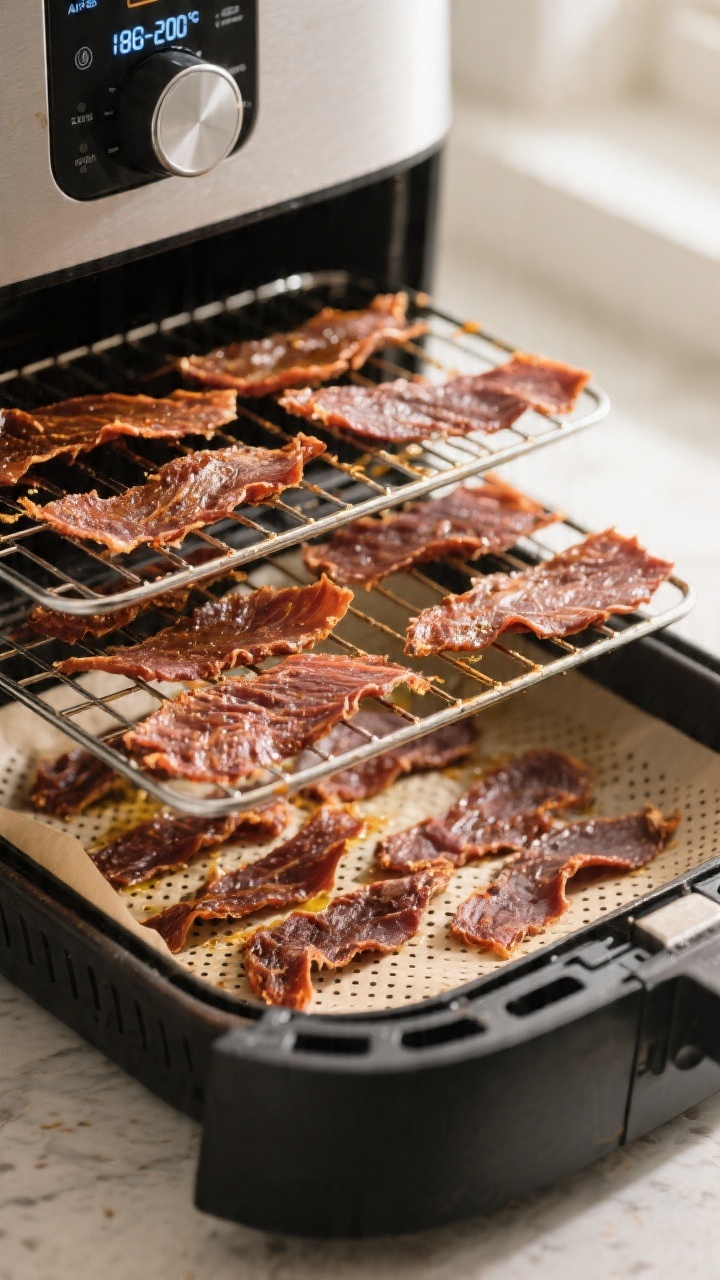 Cooking process: Ostrich jerky slices mid-dry in an air fryer on double racks, evenly spaced with no