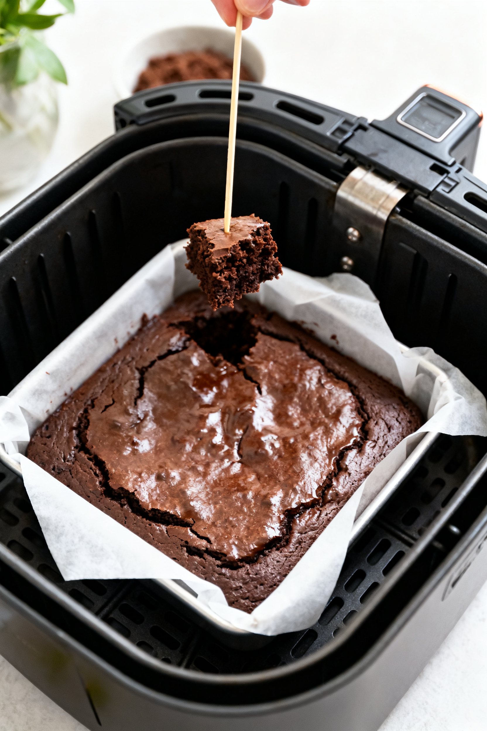 Cooking process: Overhead shot of a parchment-lined 7-inch square pan inside an air fryer basket at