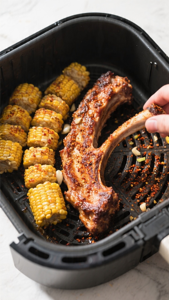 Cooking process: Overhead shot of corn ribs arranged curved-side down in a preheated air fryer baske