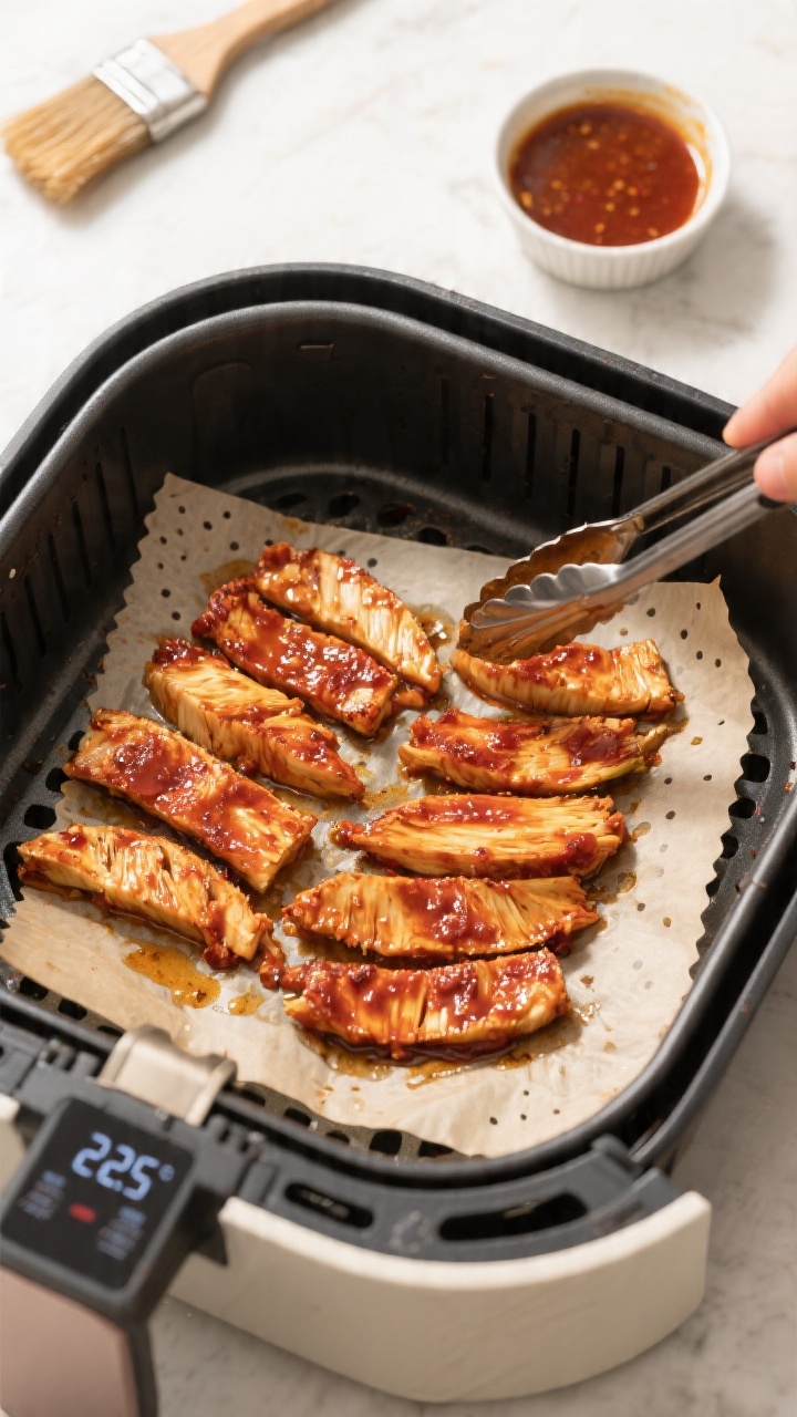 Cooking process: Overhead shot of marinated jackfruit strips arranged in a single, non-overlapping l