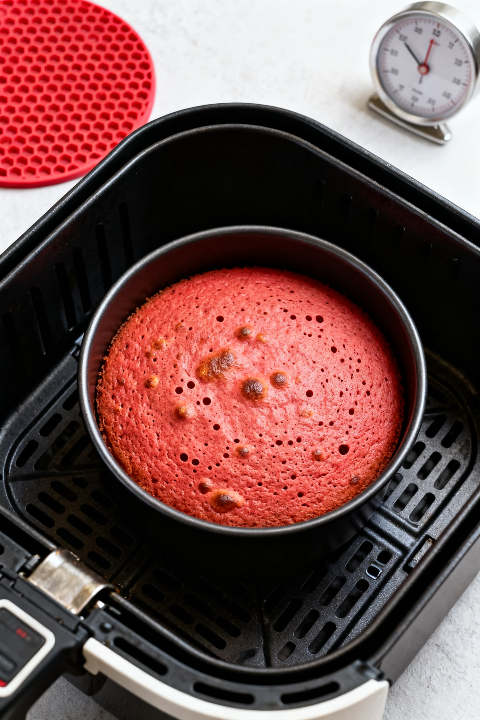 Cooking process: Overhead shot of the 6-inch cake pan inside an open air fryer basket at 320°F mid-