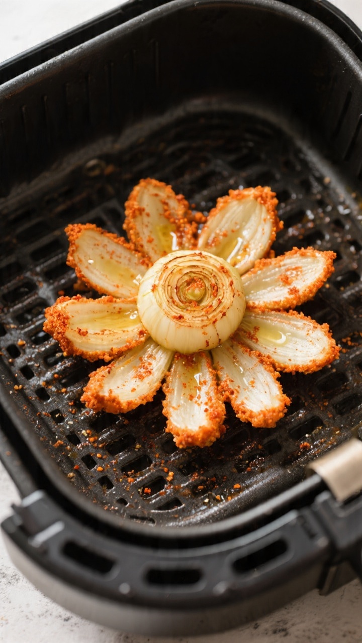 Cooking process: Overhead shot of the coated blooming onion sitting cut-side up in the preheated air