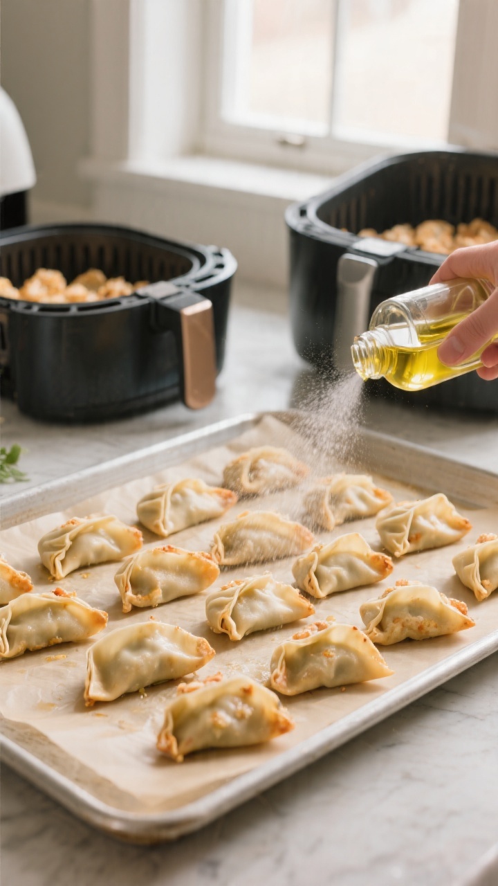 Cooking process scene: neatly arranged, folded crab rangoons on a parchment-lined sheet pan being li