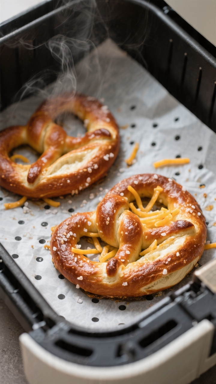 Cooking process shot inside the air fryer: two to three shaped pretzels arranged with space between