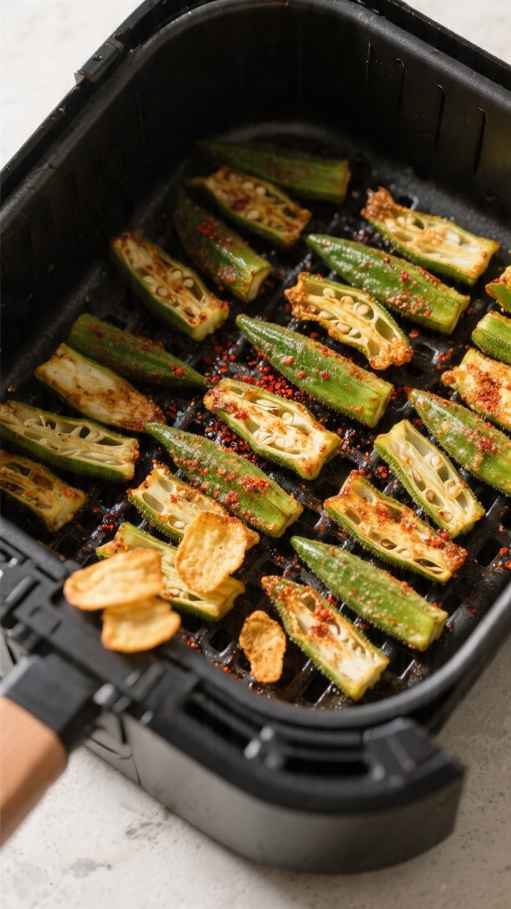 Cooking process shot: okra slices arranged in a single layer inside an open air fryer basket mid-coo
