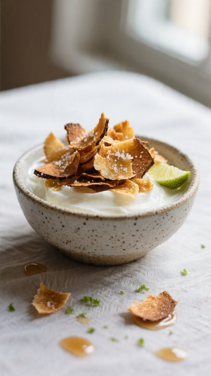 Final dish presentation, : A small ceramic bowl heaped with glossy, ultra-crispy coconut chips finis