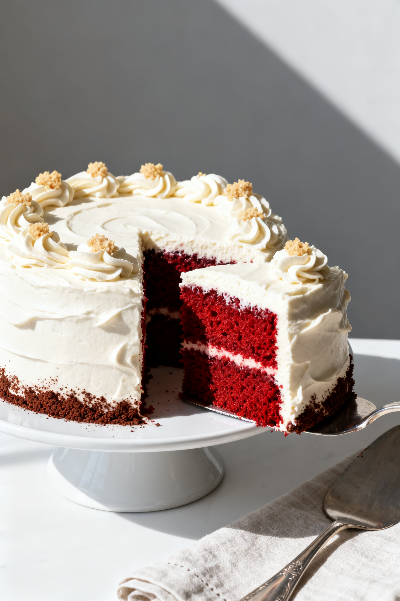 Final dish presentation: Beautifully frosted single-layer red velvet cake on a white cake stand, lus
