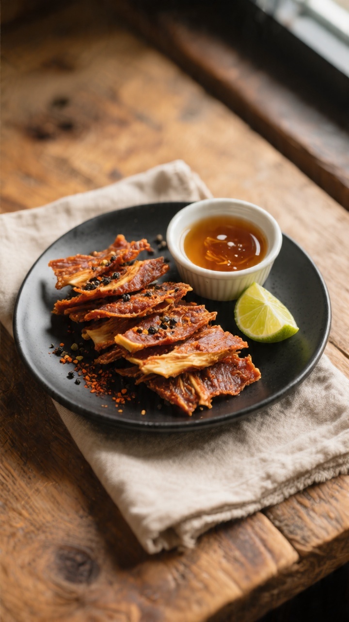 Final dish presentation: Beautifully plated air fryer jackfruit jerky on a matte black ceramic plate