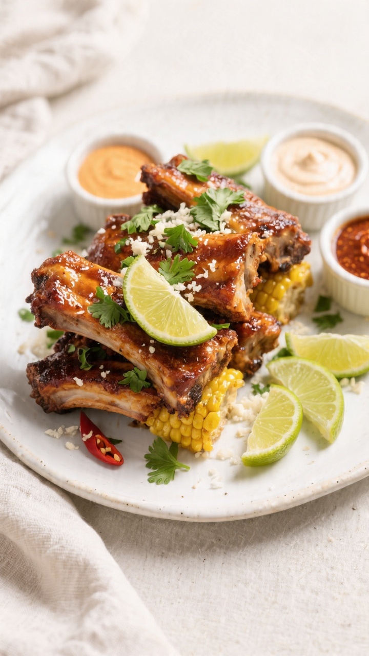 Final dish presentation: Beautifully plated air fryer corn ribs stacked casually on a white ceramic