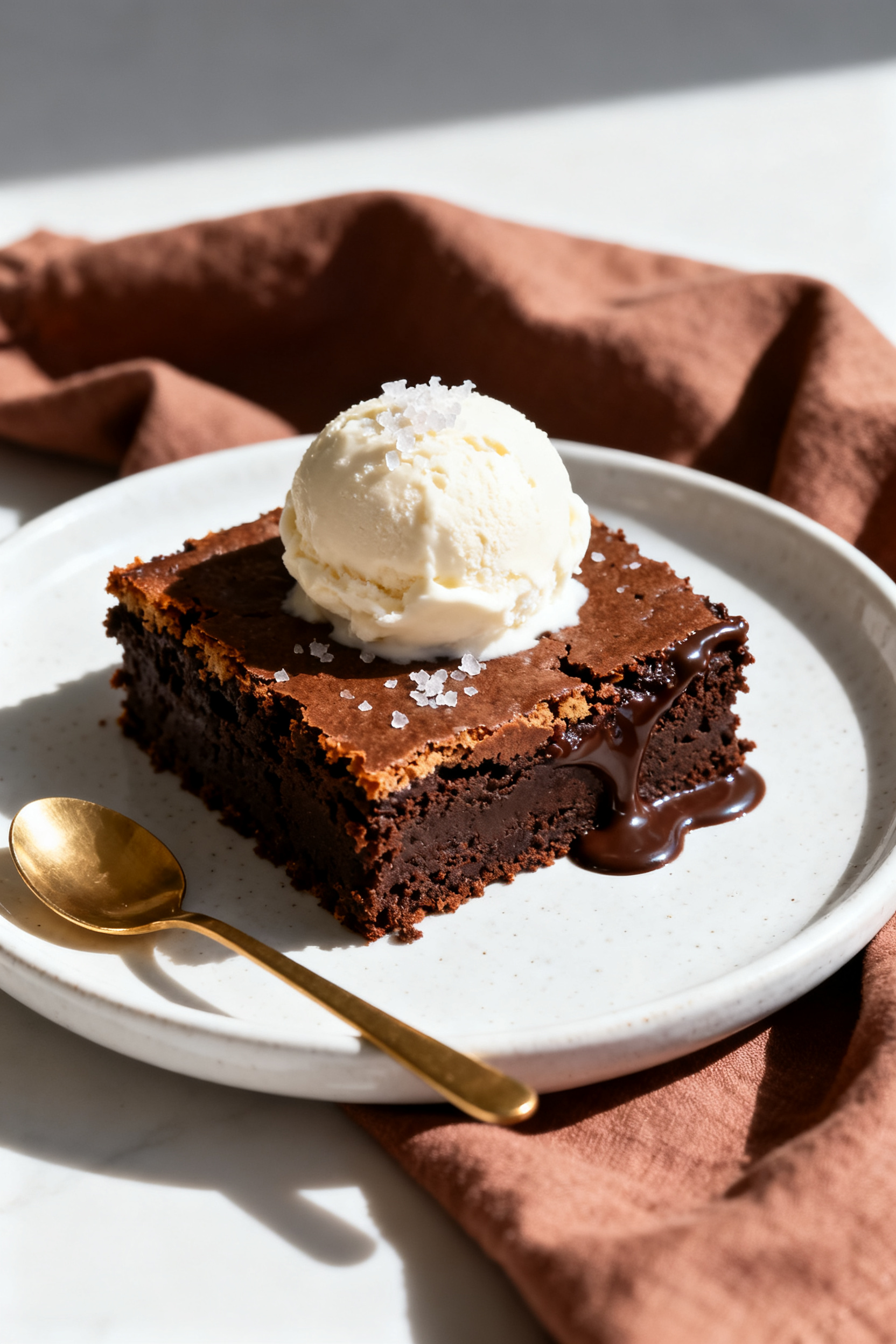 Final dish presentation: Beautifully plated warm brownie square topped with a scoop of vanilla ice c