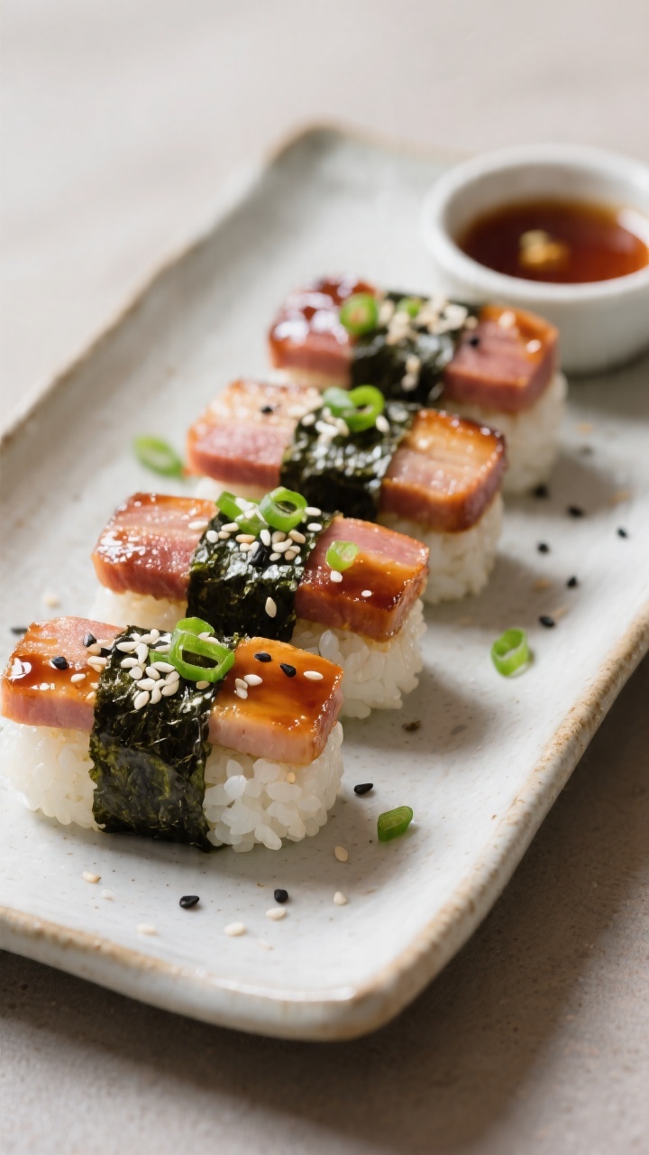 Final dish presentation: Bite-size Spam musubi neatly wrapped with shiny nori strips around compact