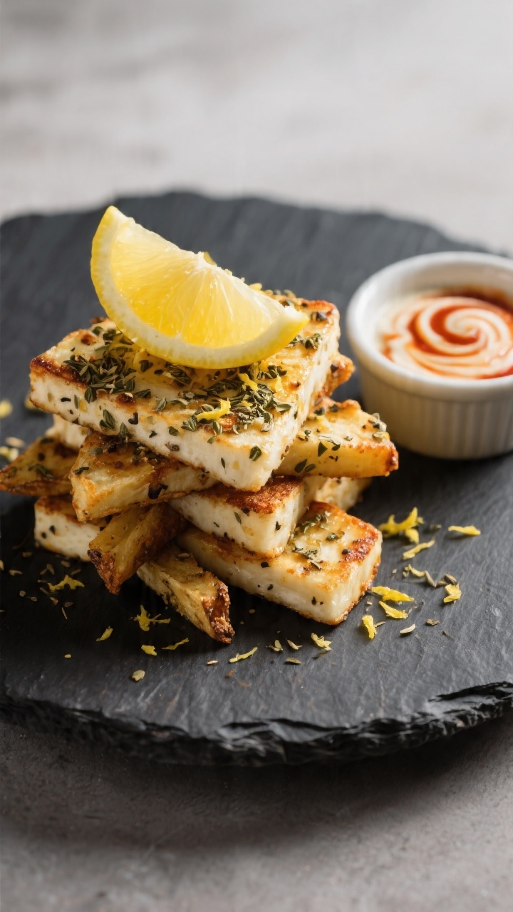 Final dish presentation: Restaurant-quality plate of Za’atar and Lemon variation halloumi fries st