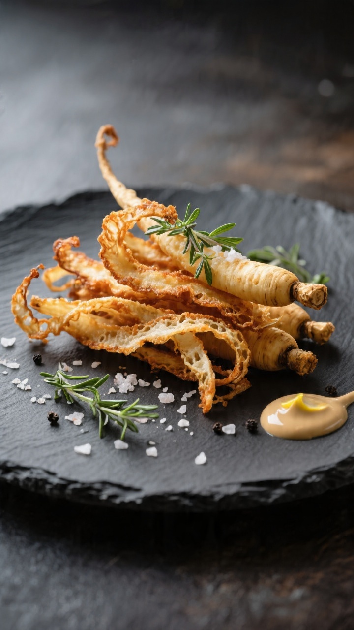 Final dish presentation: Restaurant-quality plating of long parsnip ribbons (air-fried until lacy an