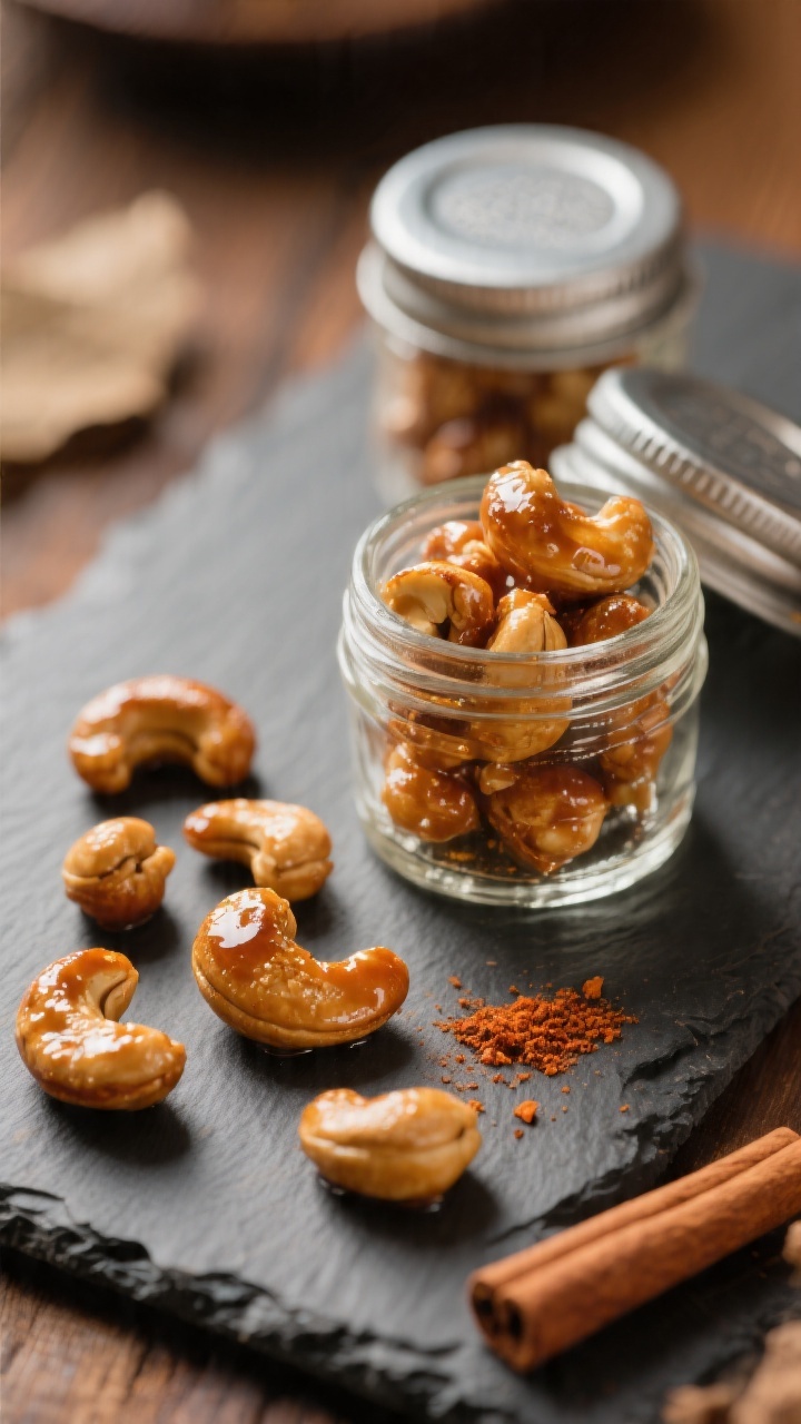 Final dish presentation: Restaurant-quality serving of honey roasted cashews portioned into small gl
