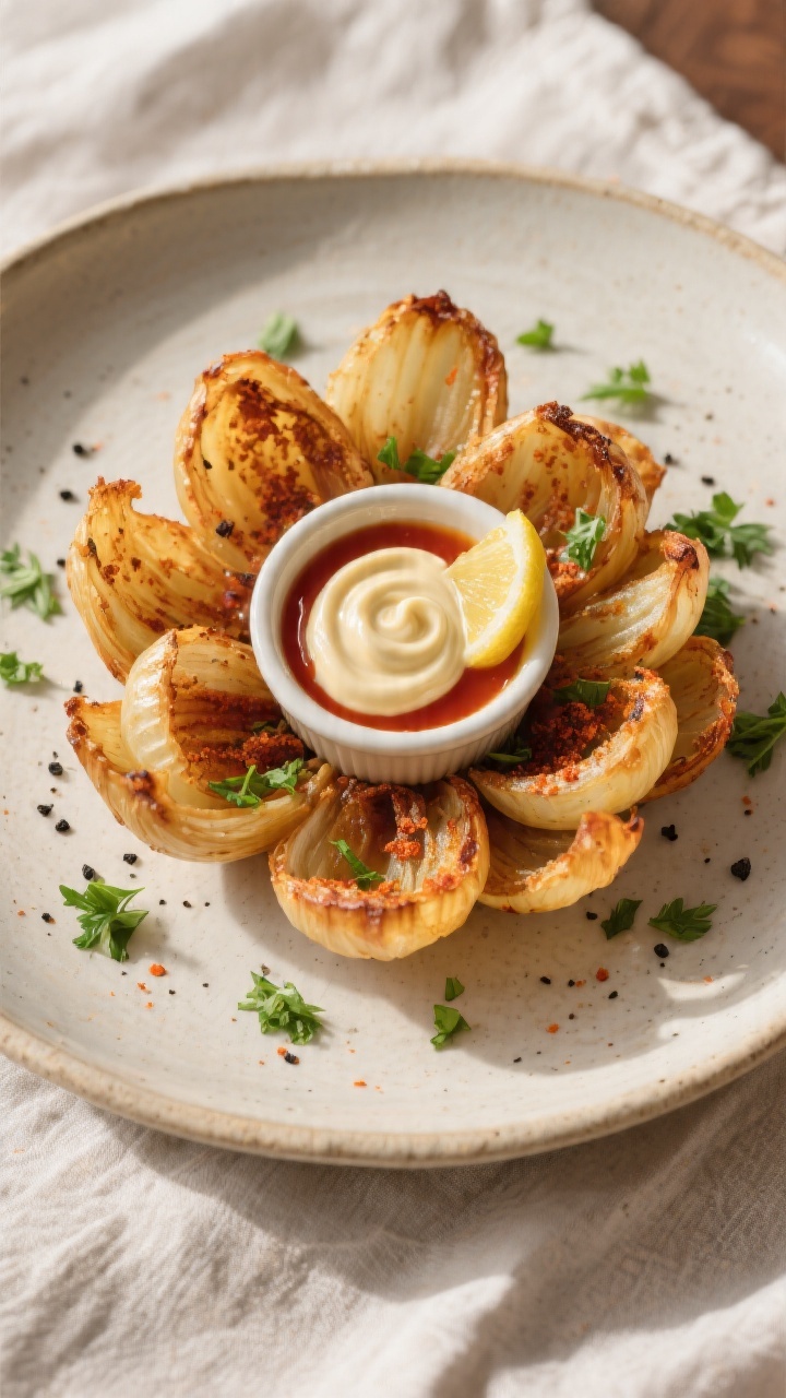 Final dish presentation: Restaurant-style plated air fryer blooming onion on a neutral stoneware pla