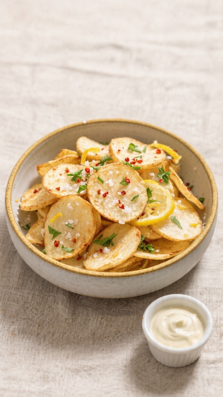 Final dish top view: Overhead shot of a heaping bowl of finished turnip chips with golden-rimmed edg