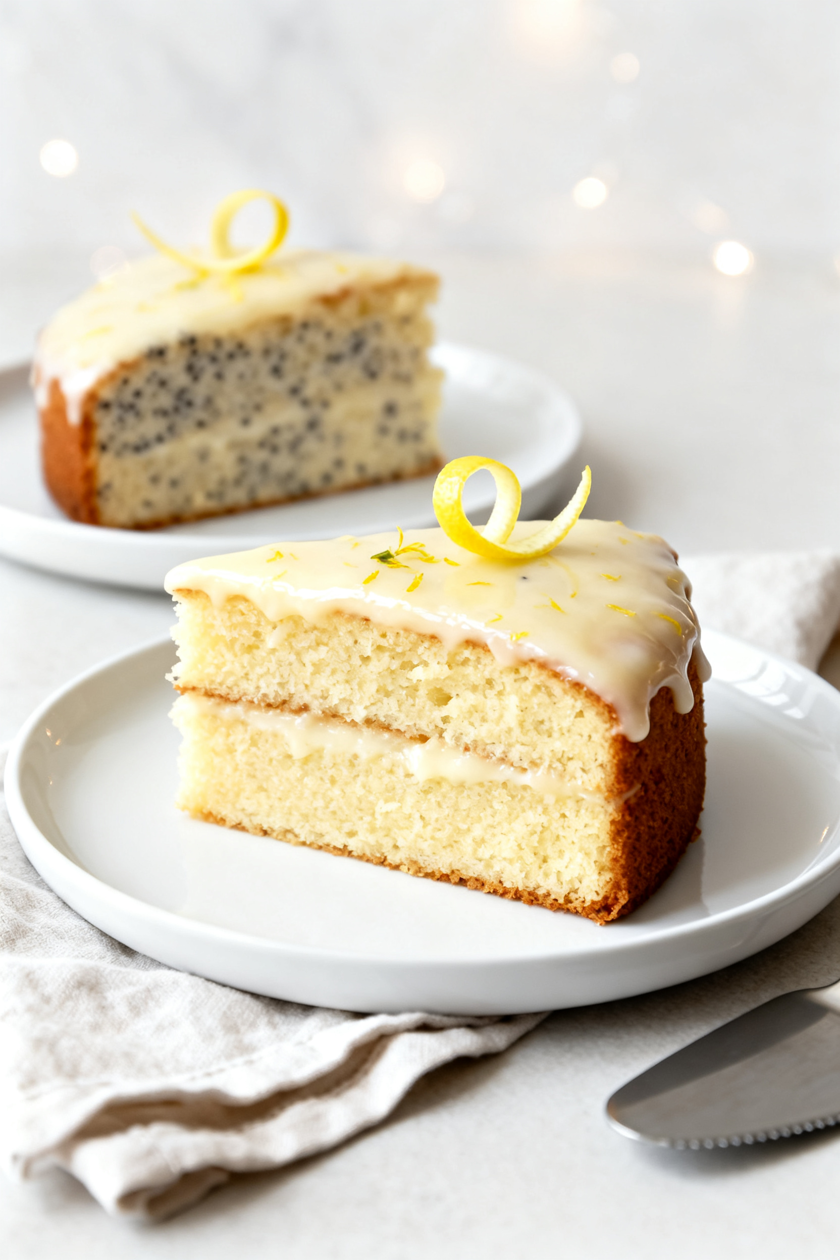 Final plated beauty: A neat slice of Air Fryer Lemon Drizzle Cake on a simple white dessert plate, t