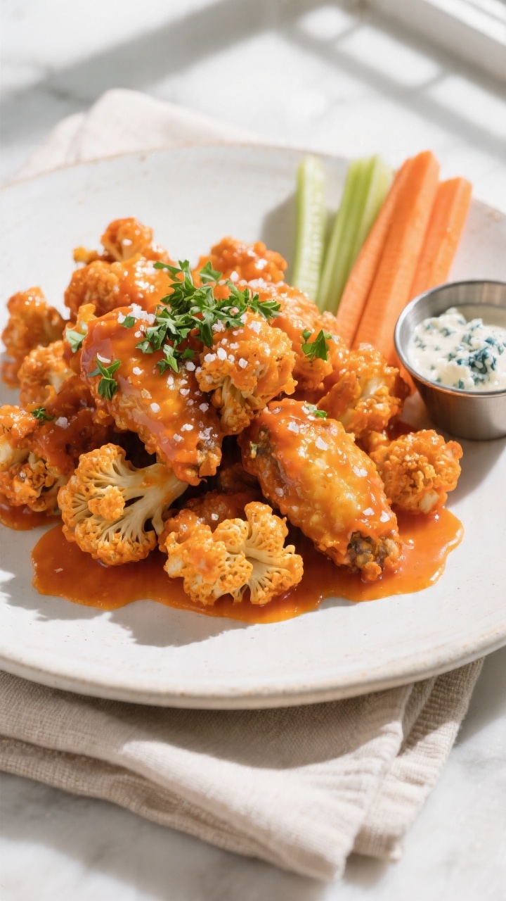 Final plated dish: Restaurant-quality presentation of buffalo cauliflower wings piled on a matte whi