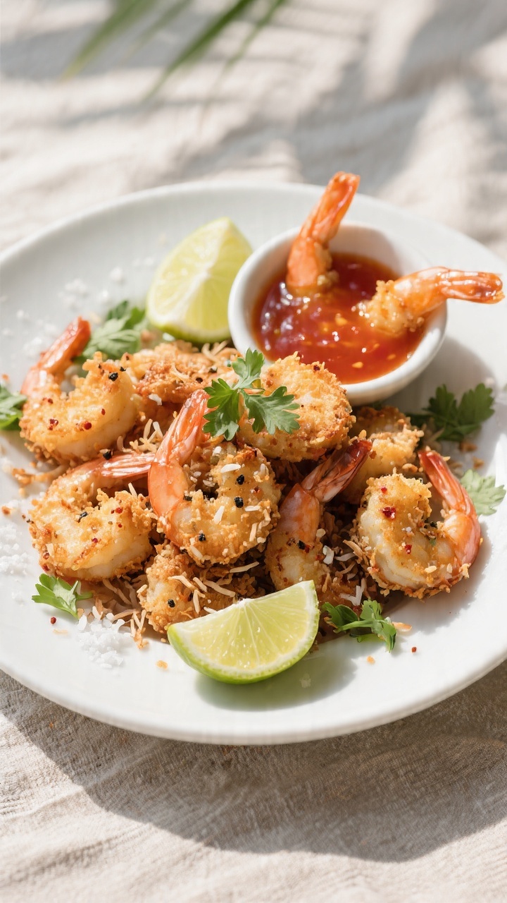 Final plated dish, tasty top view: Overhead shot of a restaurant-quality platter of coconut shrimp p