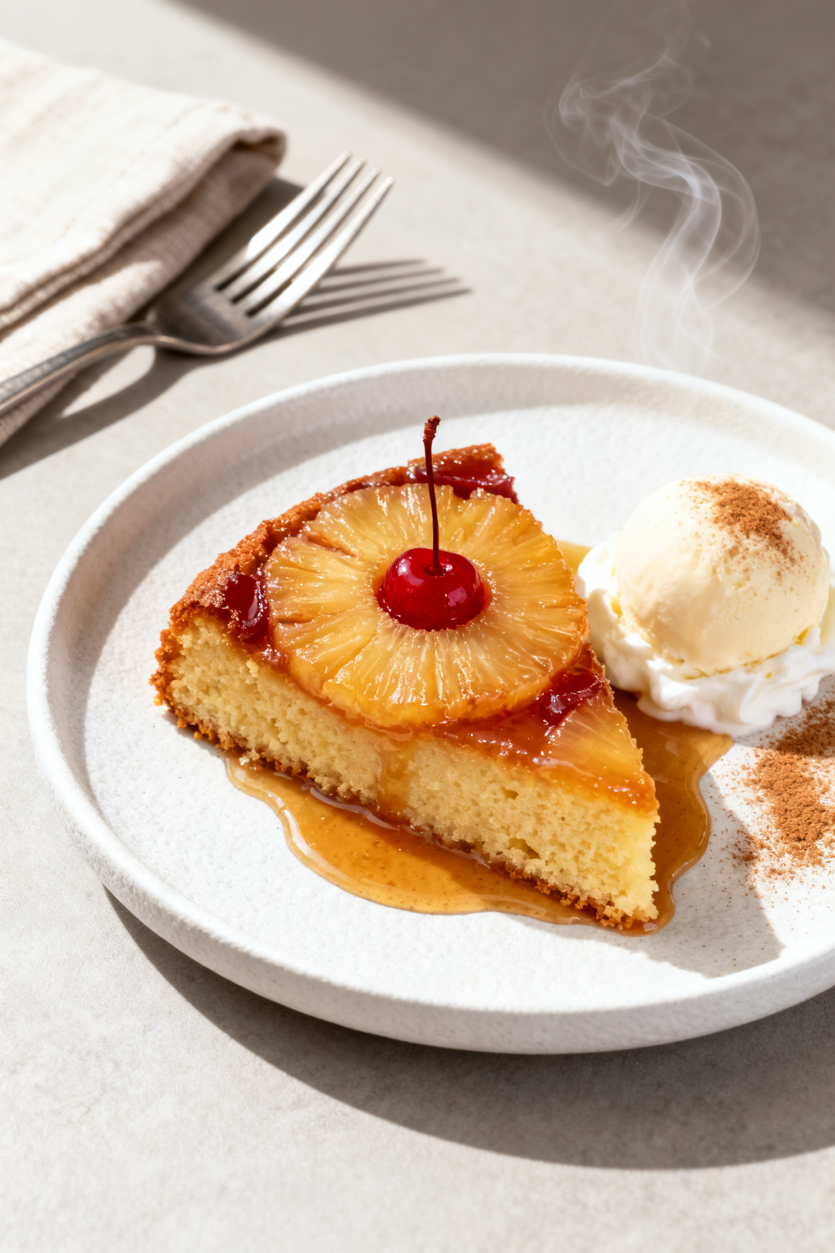 Final plated presentation: a neat wedge of pineapple upside-down cake served warm on a matte white d