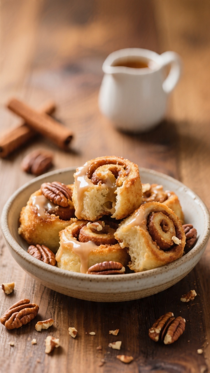 Final plated presentation: Maple Pecan variation—air-fried cinnamon roll bites piled in a shallow
