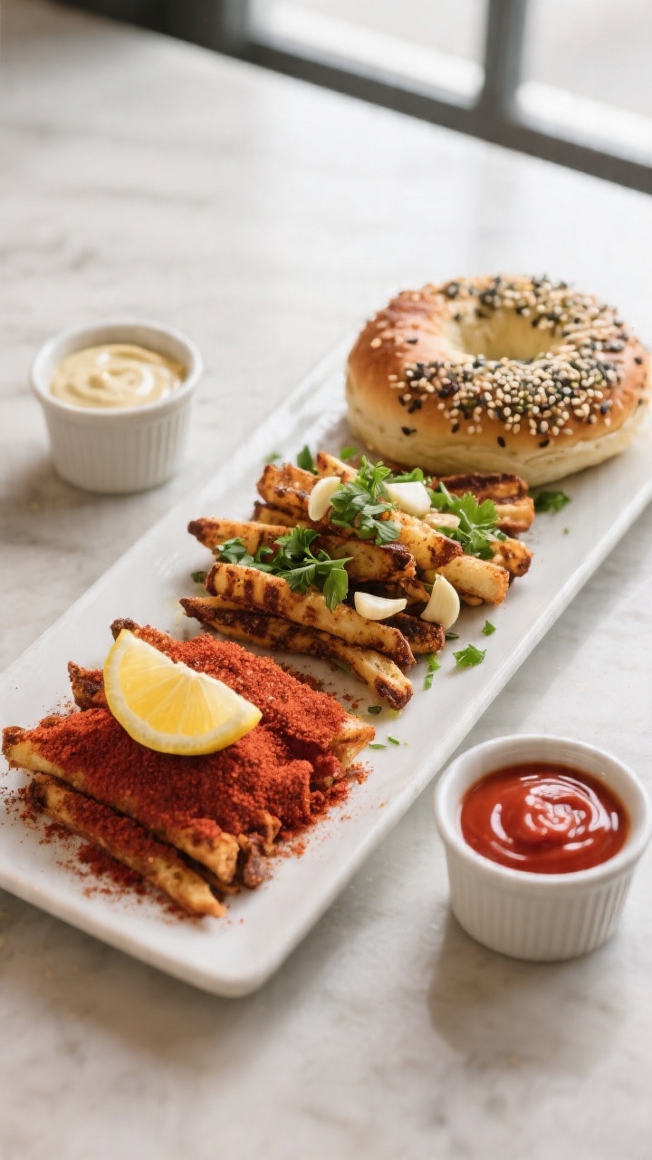 Final plated presentation of seasoned variations trio: a long rectangular platter divided into three