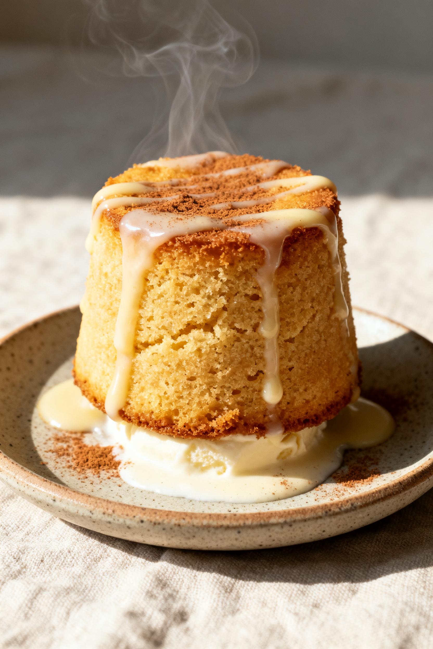 Final plated presentation: the mug cake inverted and lifted out onto a small stoneware dessert plate