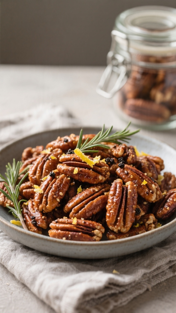 Final plated snack: Beautifully presented bowl of air fryer seasoned pecans on a matte ceramic dish,