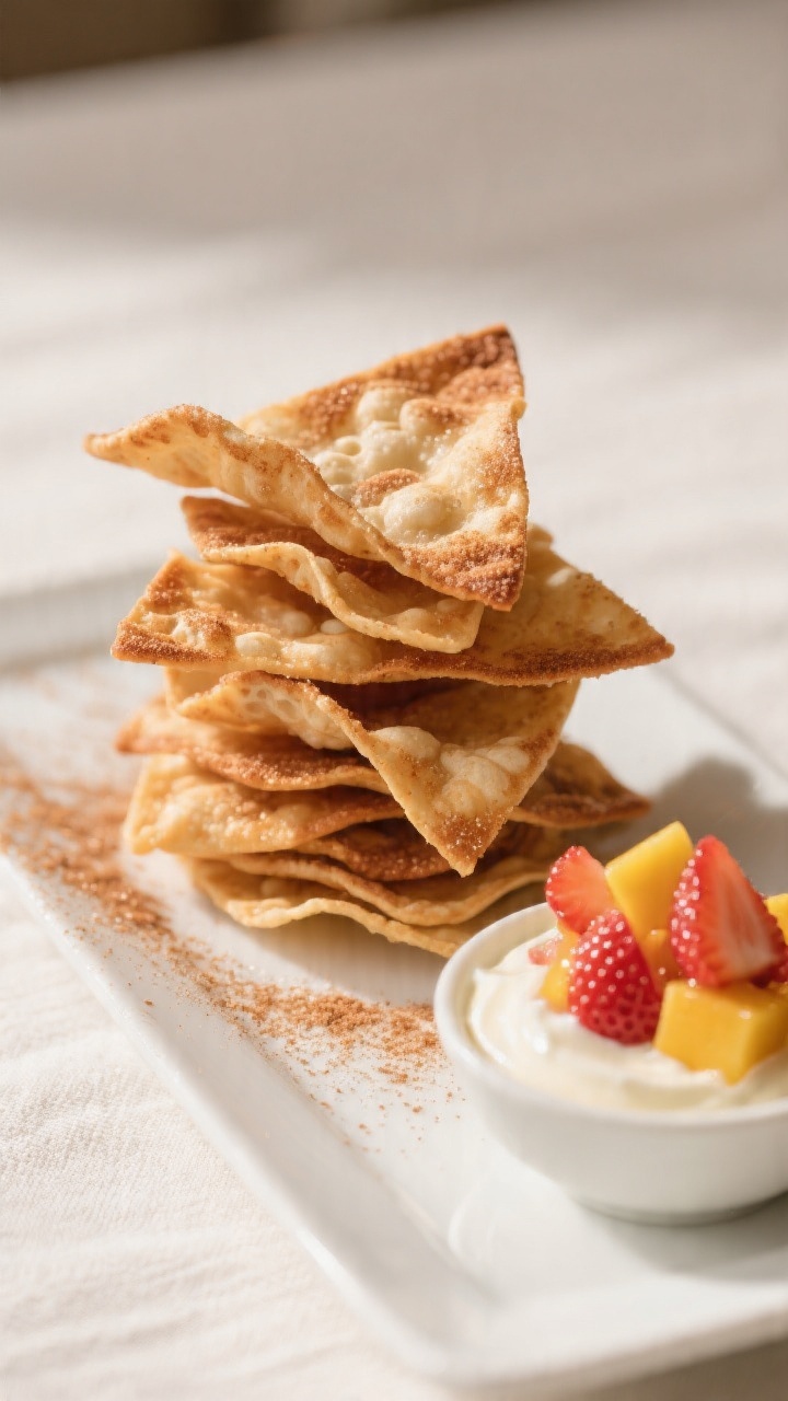 Final plated sweet variation, close-up glam: Cinnamon sugar wonton chips presented on a white rectan