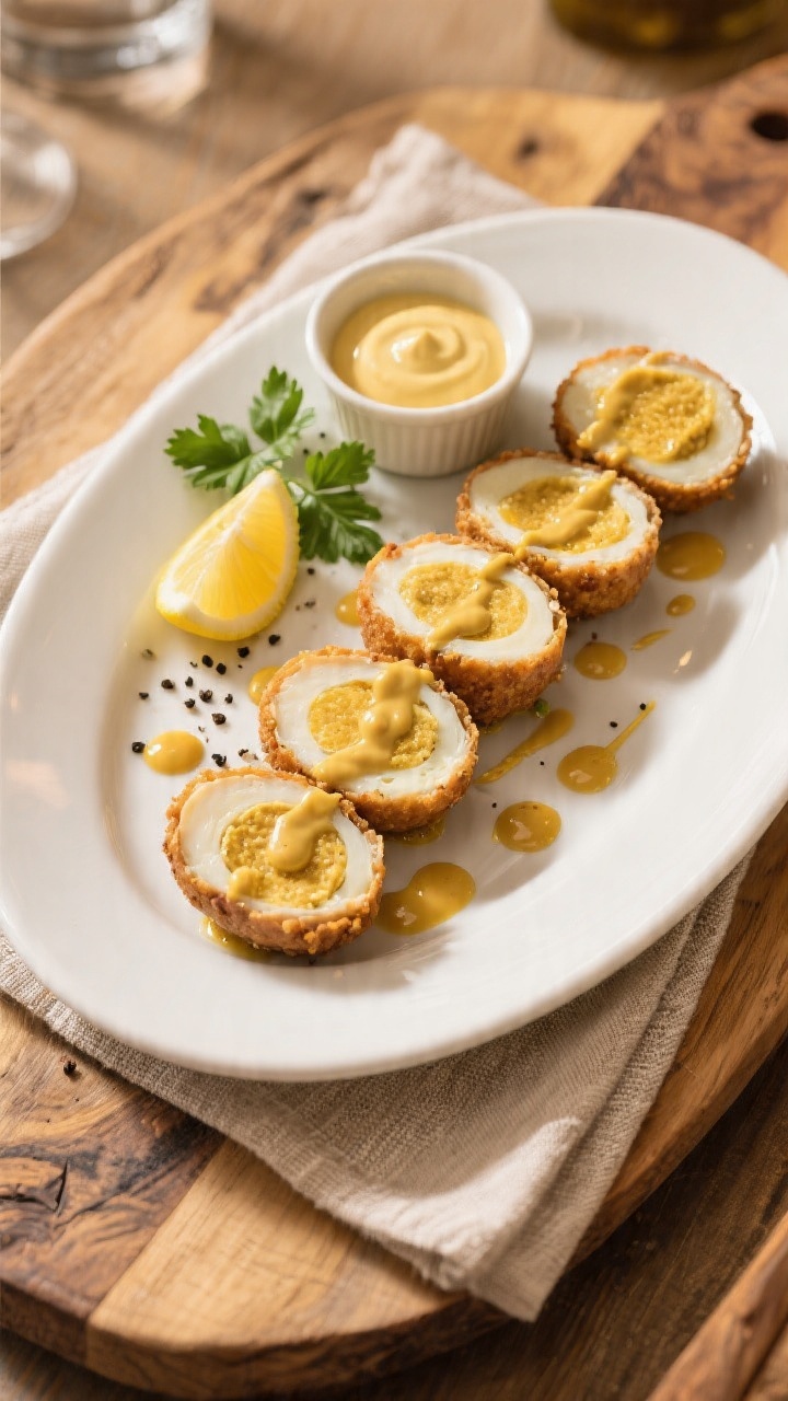 Final presentation platter: beautifully plated halved Scotch eggs arranged in a staggered pattern on