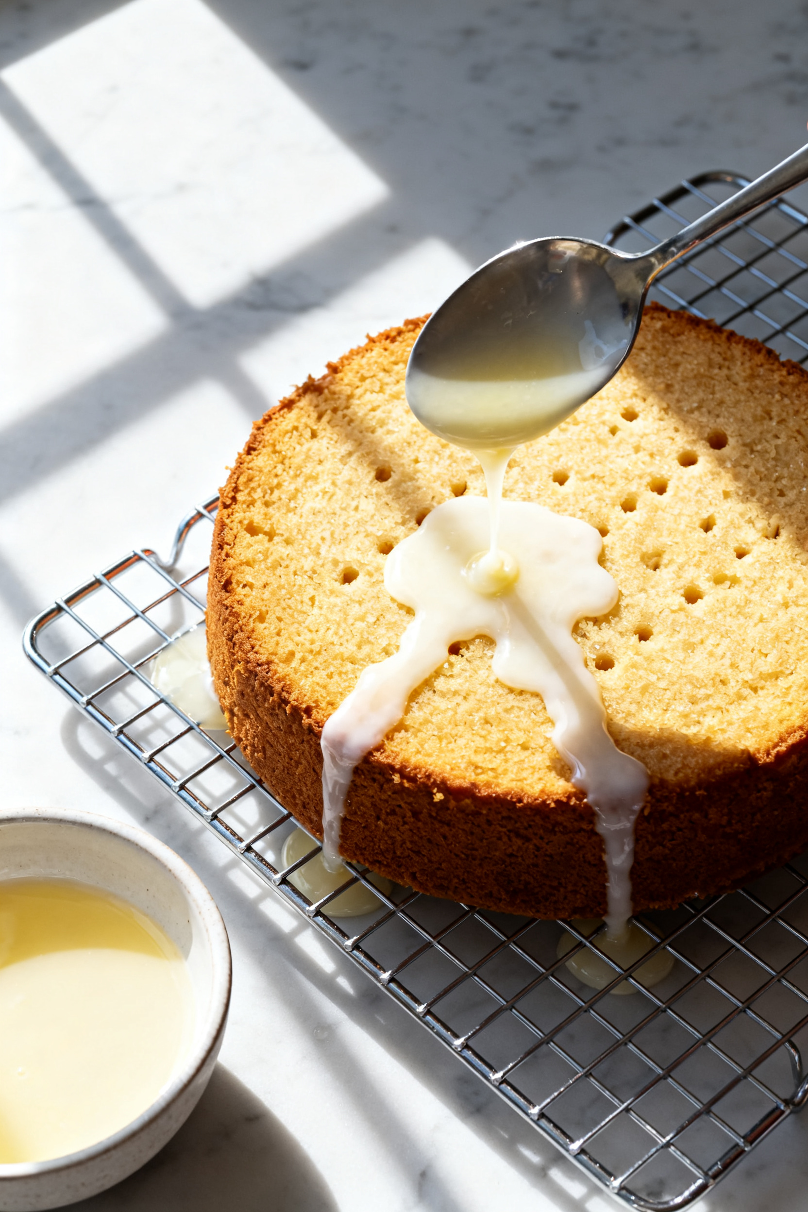 Overhead âpierce and soakâ moment: Top-down shot of the baked cake cooling on a wire rack, golde