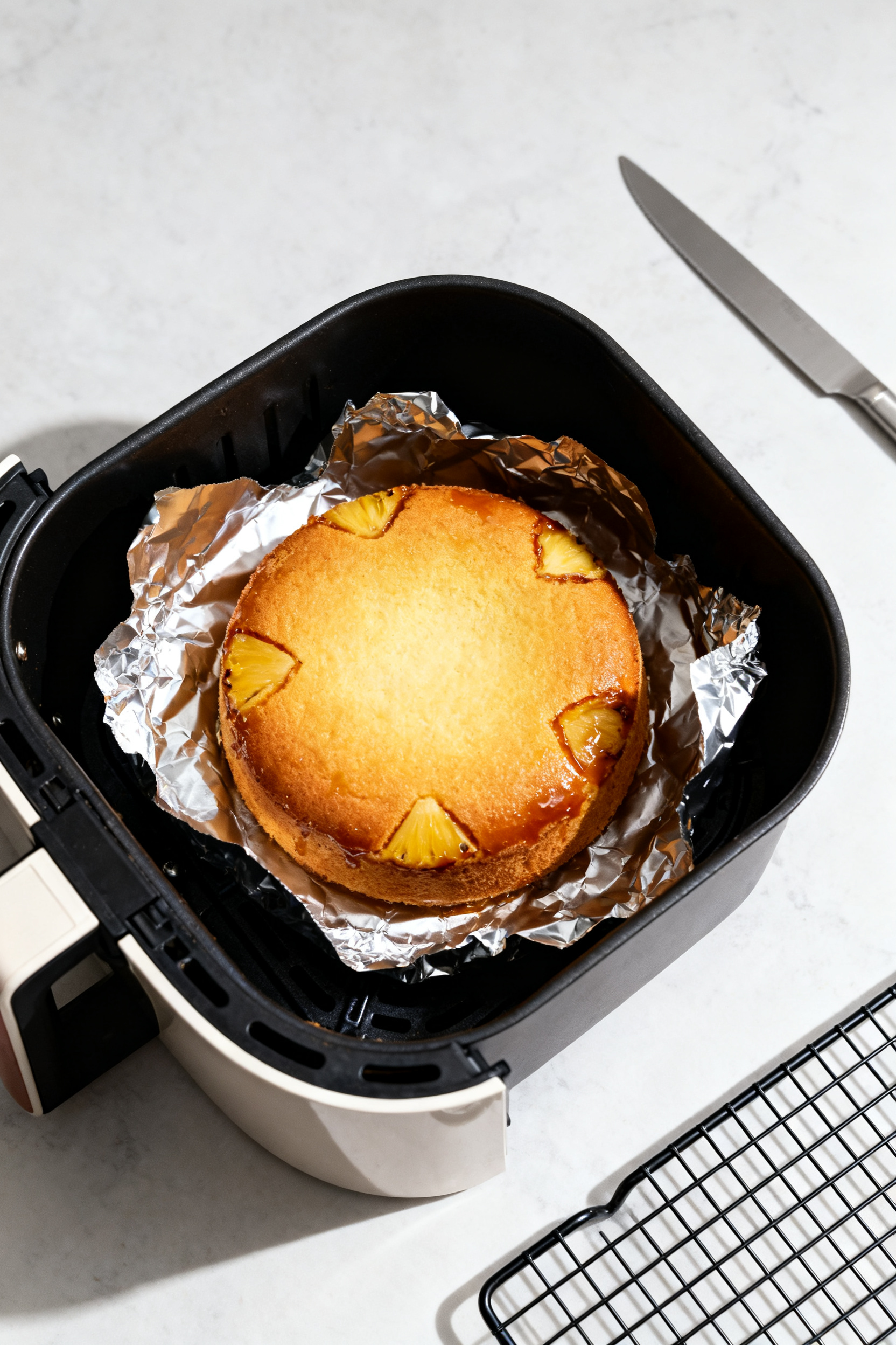 Overhead process shot of the cake just baked in a 6–7 inch round pan inside an open air fryer bask