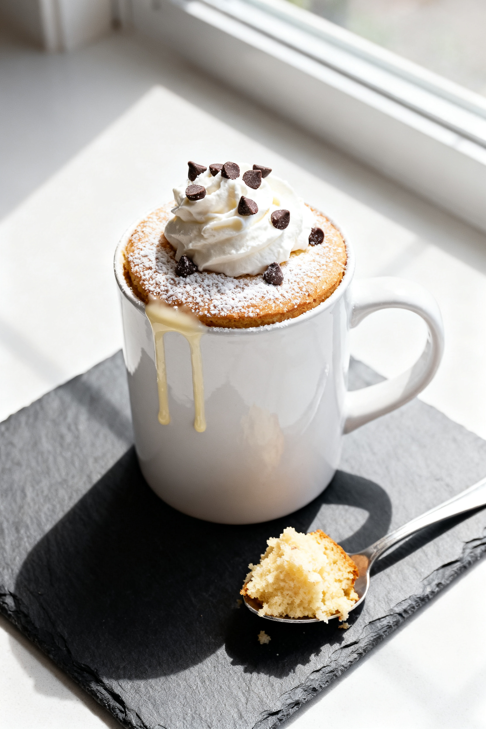 Overhead shot of a warm vanilla mug cake served in a tall 12-ounce white ceramic mug on a matte slat