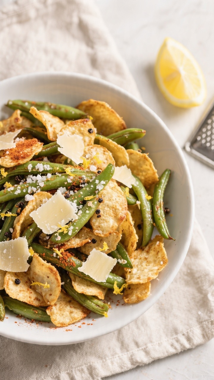 Overhead “tasty top view” of a generous bowl of air fryer green bean chips finished with optiona