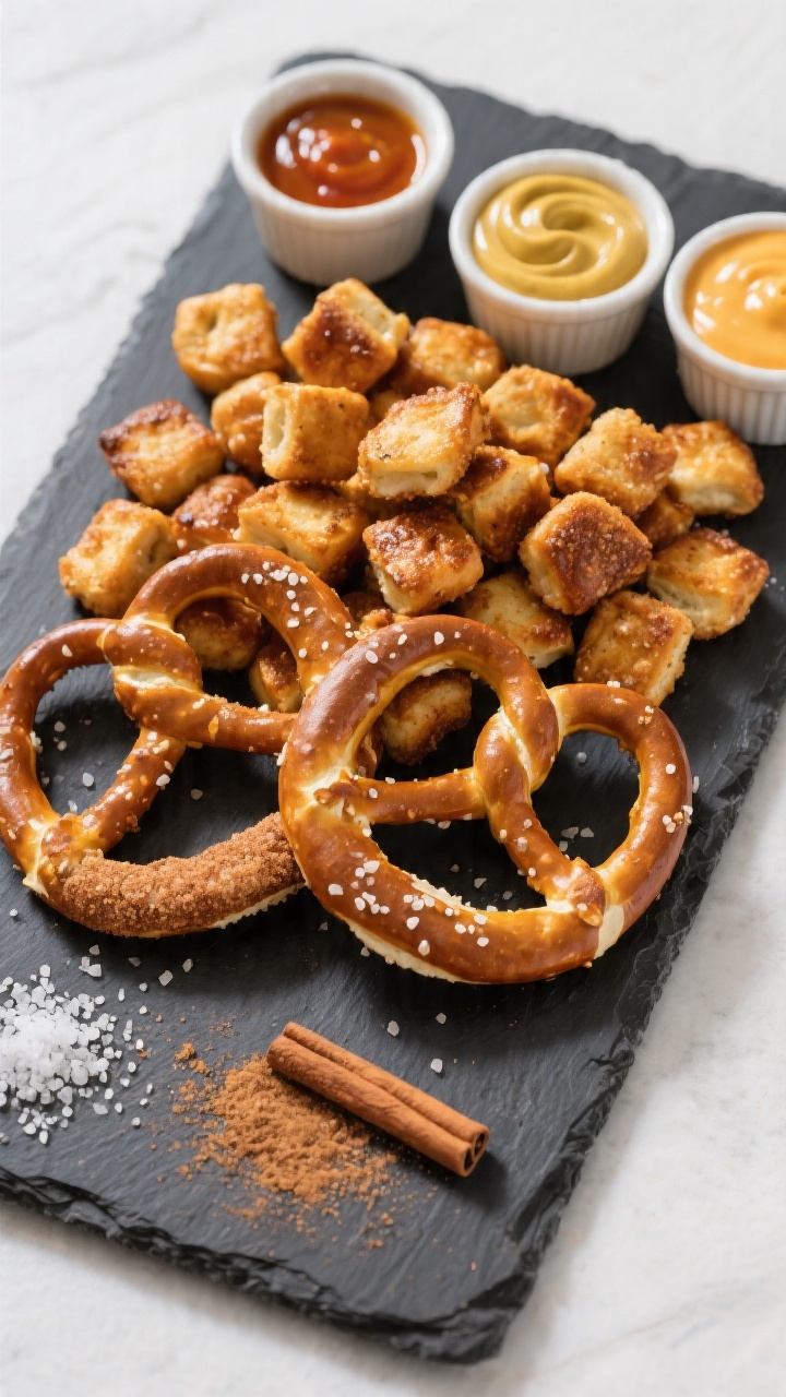 Overhead “tasty top view” of a party-style spread: a slate board piled with warm pretzel bites a