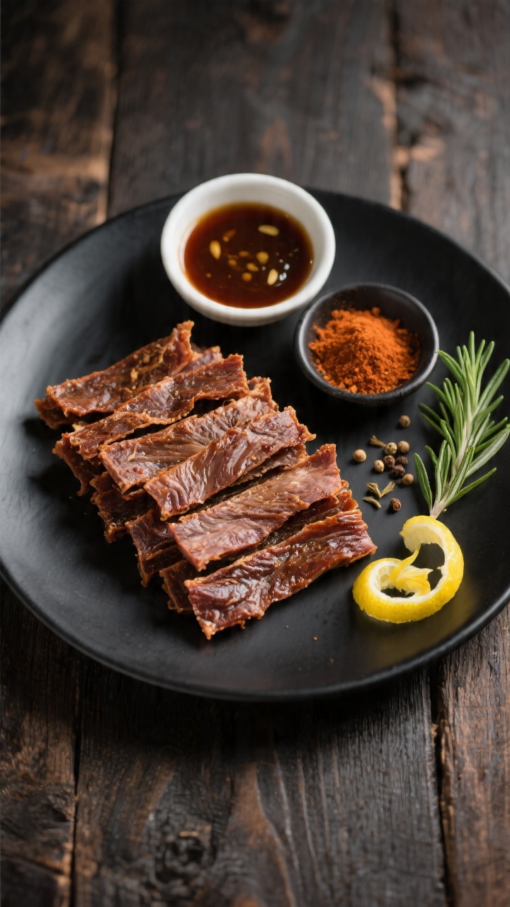 Overhead “tasty top view” of an arranged platter of air fryer lamb jerky for serving: neat stack