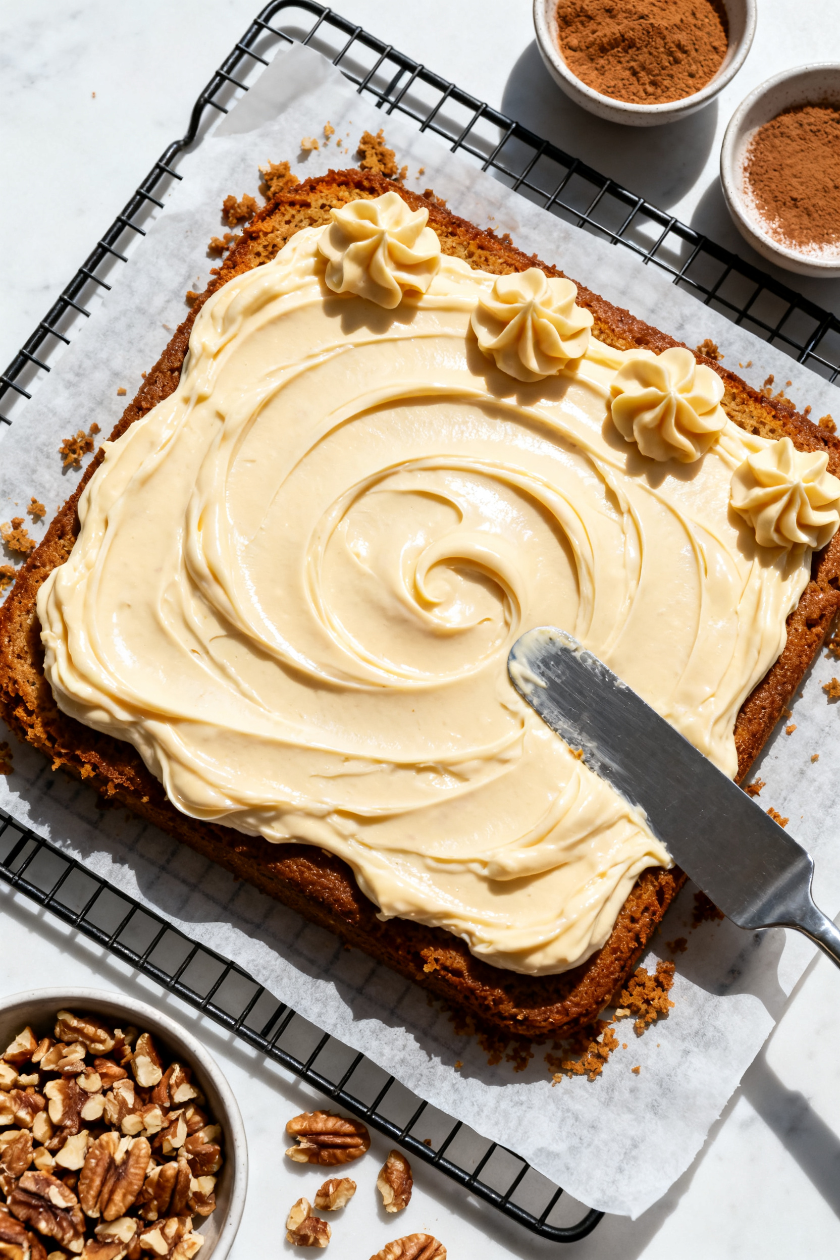 Overhead “tasty top view”: The cooled carrot cake out of the pan on a wire rack, being generousl